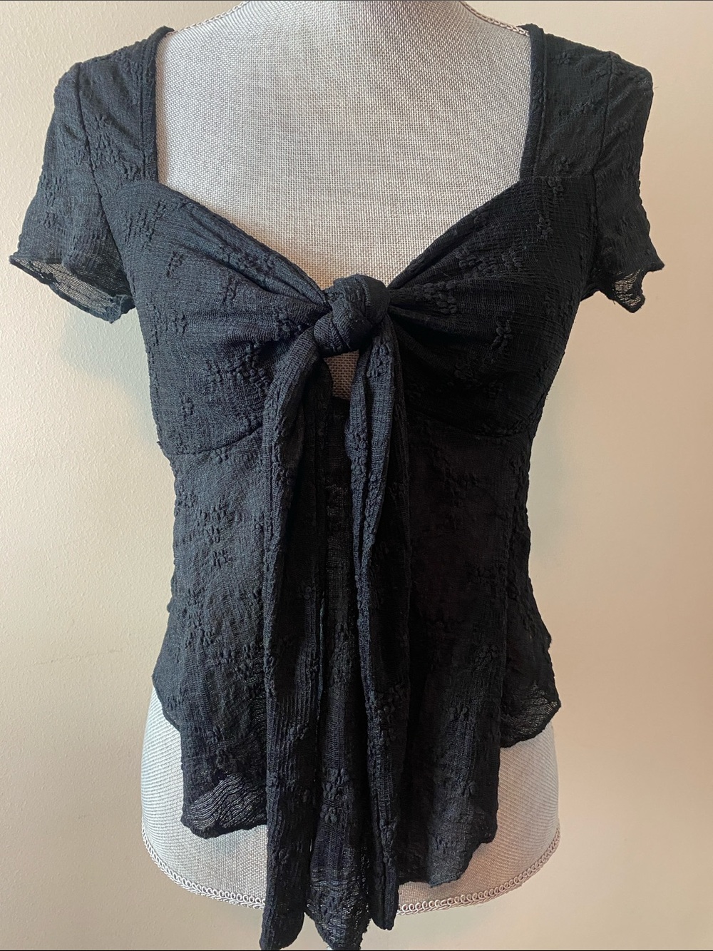 Whimsigoth Dark Fairy Lace Black Tie-Front Short Sleeve Blouse Size Small